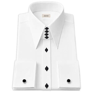 May include: A crisp white long-sleeve dress shirt featuring a high collar with four black buttons, a front placket with three black buttons, and French cuffs secured with black cufflinks. The interior collar label displays the brand name ZYDRIC.
