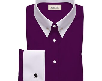 Men's Purple Dress Shirt with White Pin Collar and French Cuffs