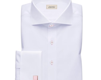 Men's White Dress Shirt, Wide Spread Collar, French Cuffs, Custom Tailored Formal Shirt