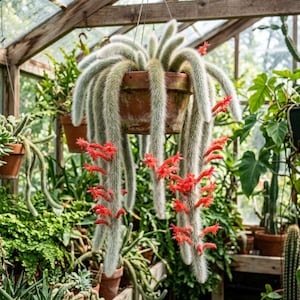 May include: A hanging cactus in a terracotta pot, featuring long, cascading stems covered in white fuzz. Bright red flowers bloom along the stems. The plant is suspended in a greenhouse filled with various other potted plants.