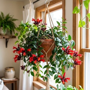 May include: A hanging potted plant with vibrant red flowers and green leaves. The plant is suspended by a macrame hanger, showcasing a terracotta pot. The scene is set near a window, with natural light illuminating the plant.