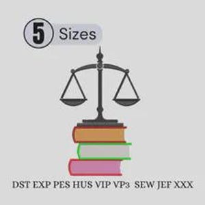 May include: A graphic illustration featuring a black scale of justice balanced atop a stack of three books in orange, light green, and pink. The text 5 Sizes appears at the top left, and the text DST EXP PES HUS VIP VP3 SEW JEF XXX is at the bottom.