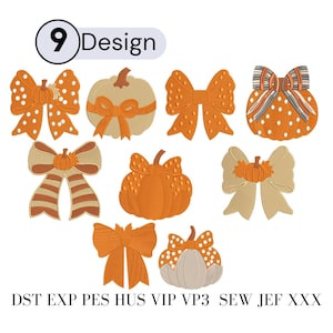 Fall Pumpkin Bow Embroidery Design Bundle, Autumn Coquette Pumpkin Machine Embroidery File, Cream Orange Gingham Polka Dot Bow Set Pes File