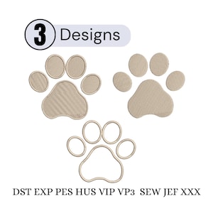 May include: Three paw print embroidery designs in beige. Two designs are filled with stitching, while the third is an outline. The text 3 Designs appears at the top, and the file formats DST, EXP, PES, HUS, VIP, VP3, SEW, JEF, and XXX are listed below.
