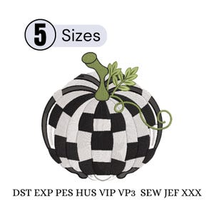 May include: An embroidery design of a pumpkin featuring a black and white checkered pattern, a green stem, and green leaves. The text 5 Sizes is displayed in the upper left corner, and the file formats DST, EXP, PES, HUS, VIP, VP3, SEW, JEF, XXX are listed below.