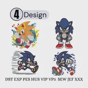 以下が含まれることがあります： ソニックのキャラクターを描いた4つのデジタル刺繍デザイン。黄色いソニックと青い水のエフェクト、立っている青いソニック、走っている青いソニック、ダイナミックな青いソニックが含まれています。テキストには「4 Design」とファイル形式が記載されています。