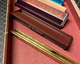 Scrabble Tile Racks from specialty games - gold metal, red plastic, turquoise, maroon, wood with card slot, CHOOSE OPTION