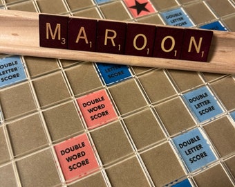Single Scrabble Letter Tiles for Crafts - Pick Your Letters - Maroon Tiles with Beige/Yellowish Letters - squared edges