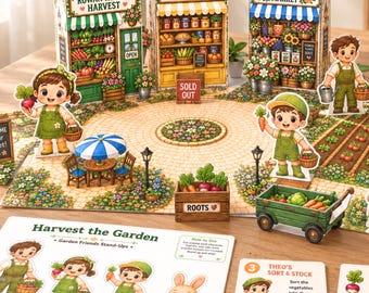 Könnte beinhalten: Ein Tischspielset mit drei Pappgebäuden mit der Aufschrift Rowan Family Harvest, The Garden Pantry und Basket & Bloom Market, inklusive Spielfiguren, einer Spielmatte, einem Wagen im Holzstil und bebilderten Spielkarten.