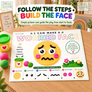 K&ouml;nnte beinhalten: Eine wei&szlig;e Spielunterlage f&uuml;r Knete mit dem Text I CAN MAKE A WORRIED FACE. Die Unterlage zeigt ein zentrales gelbes Gesicht mit schwarzen Augen, Augenbrauen und Mund sowie rosa Wangen und enth&auml;lt nummerierte Schritte f&uuml;r den Aufbau.