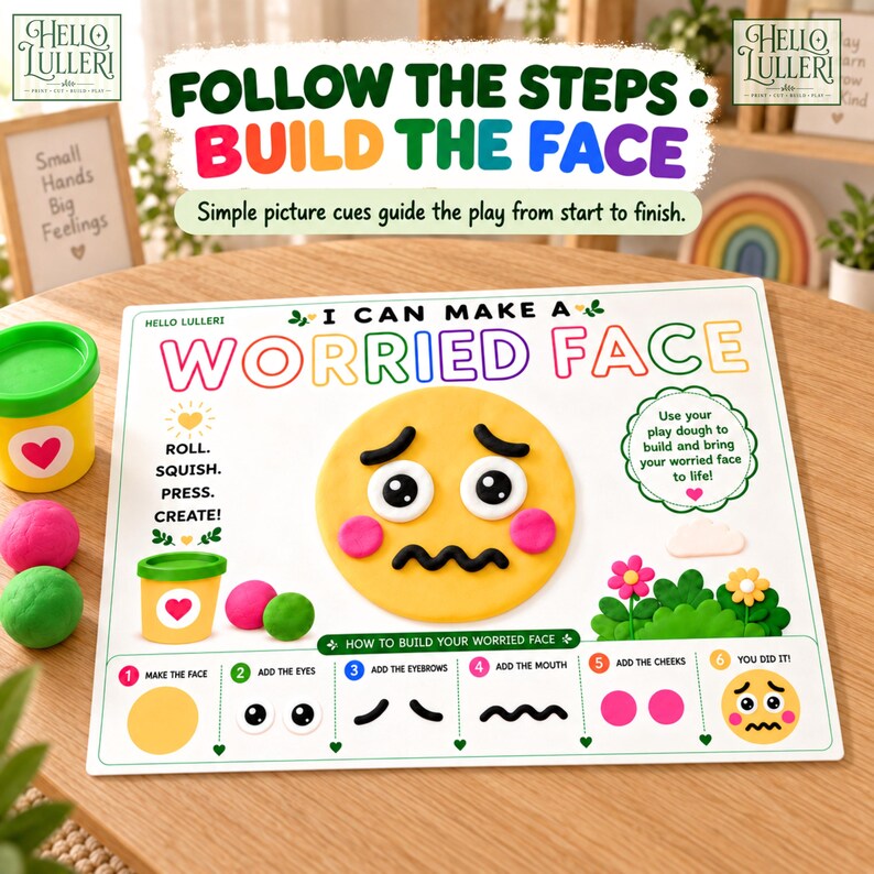 K&ouml;nnte beinhalten: Eine wei&szlig;e Spielunterlage f&uuml;r Knete mit dem Text I CAN MAKE A WORRIED FACE. Die Unterlage zeigt ein zentrales gelbes Gesicht mit schwarzen Augen, Augenbrauen und Mund sowie rosa Wangen und enth&auml;lt nummerierte Schritte f&uuml;r den Aufbau.