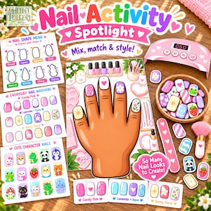 Könnte beinhalten: Ein Nagel-Aktivitätsset mit einer zentralen Illustration einer Hand mit verzierten Nägeln, umgeben von Nagelaufklebern, einer rosa UV-Lampe, einer Holzschale mit Nagelanhängern, einer Nagelfeile und einem Pinsel für Nagelkunst.