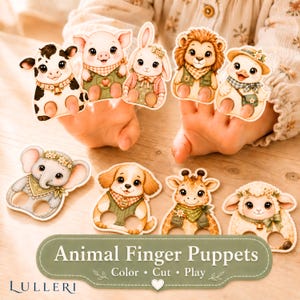 Può includere: Un set di marionette da dito in carta raffiguranti una mucca, un maiale, un coniglio, un leone, un'anatra, un elefante, un cane, una giraffa e una pecora. Ogni marionetta ha due fori circolari per le dita e il testo Animal Finger Puppets Color Cut Play LULLERI.