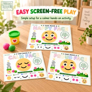 K&ouml;nnte beinhalten: Drei wei&szlig;e Spielmatten f&uuml;r Knete mit bunten Gesichter-Illustrationen, beschriftet mit I Can Make A Happy Face, I Can Make A Calm Face und I Can Make A Proud Face, dazu ein gelber Knete-Becher und zwei kleine Knetkugeln.