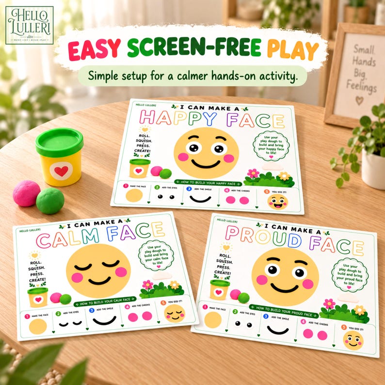 K&ouml;nnte beinhalten: Drei wei&szlig;e Spielmatten f&uuml;r Knete mit bunten Gesichter-Illustrationen, beschriftet mit I Can Make A Happy Face, I Can Make A Calm Face und I Can Make A Proud Face, dazu ein gelber Knete-Becher und zwei kleine Knetkugeln.