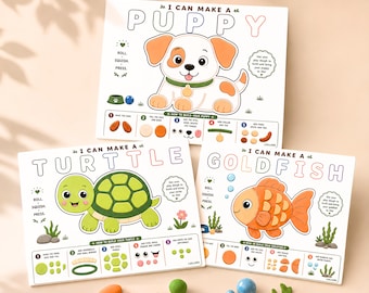 Set imprimible de mascotas de plastilina, tapetes de juego sensoriales para el desarrollo de la motricidad fina en niños pequeños, actividad tranquila sin pantallas, tapetes de plastilina con forma de animales.