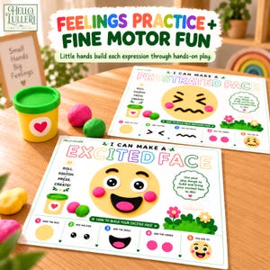 K&ouml;nnte beinhalten: Ein Set aus zwei p&auml;dagogischen Aktivit&auml;tsmatten mit den Titeln I Can Make a Frustrated Face und I Can Make an Excited Face, mit bunten Illustrationen, Anleitungen f&uuml;r Knete, einem gelben Beh&auml;lter mit Herz sowie rosa und gr&uuml;nen Knetkugeln.