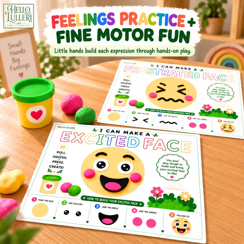 K&ouml;nnte beinhalten: Ein Set aus zwei p&auml;dagogischen Aktivit&auml;tsmatten mit den Titeln I Can Make a Frustrated Face und I Can Make an Excited Face, mit bunten Illustrationen, Anleitungen f&uuml;r Knete, einem gelben Beh&auml;lter mit Herz sowie rosa und gr&uuml;nen Knetkugeln.