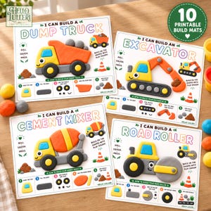 May include: Four printable build mats featuring construction vehicles: a dump truck, excavator, cement mixer, and road roller. Each mat includes step-by-step instructions and outlines for creating the vehicles using colorful play dough shapes.