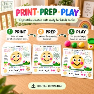 K&ouml;nnte beinhalten: Ein digitales Download-Set mit 10 druckbaren Emotionsmatten mit dem Titel I Can Make A Happy Face. Die Matten enthalten Anleitungen zum Rollen, Quetschen, Dr&uuml;cken und Erstellen von Gesichtsz&uuml;gen mit Knete sowie visuelle Anleitungen.