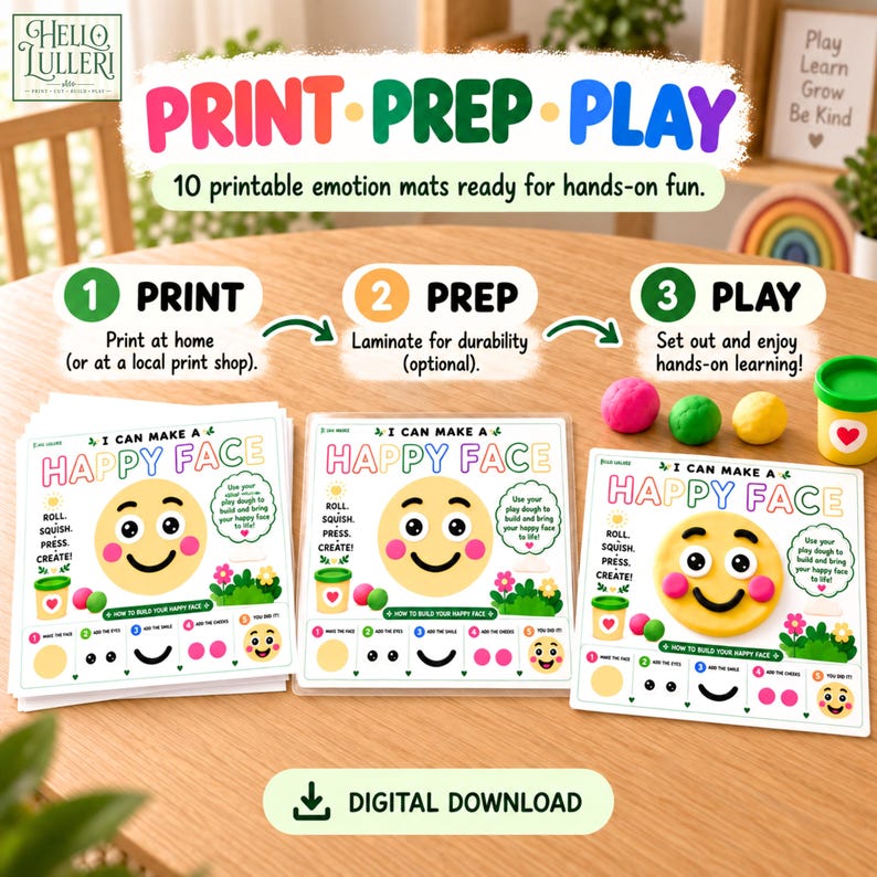 K&ouml;nnte beinhalten: Ein digitales Download-Set mit 10 druckbaren Emotionsmatten mit dem Titel I Can Make A Happy Face. Die Matten enthalten Anleitungen zum Rollen, Quetschen, Dr&uuml;cken und Erstellen von Gesichtsz&uuml;gen mit Knete sowie visuelle Anleitungen.