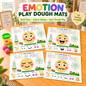 K&ouml;nnte beinhalten: Vier rechteckige Knetmatten mit der Aufschrift Emotion Play Dough Mats, die gl&uuml;ckliche, aufgeregte, ruhige und besorgte Gesichter zeigen. Jede Matte enth&auml;lt Anweisungen zum Rollen, Dr&uuml;cken und Formen mit nummerierten Schritten f&uuml;r die Gesichtsz&uuml;ge.