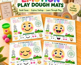 Könnte beinhalten: Vier rechteckige Knetmatten mit der Aufschrift Emotion Play Dough Mats, die glückliche, aufgeregte, ruhige und besorgte Gesichter zeigen. Jede Matte enthält Anweisungen zum Rollen, Drücken und Formen mit nummerierten Schritten für die Gesichtszüge.