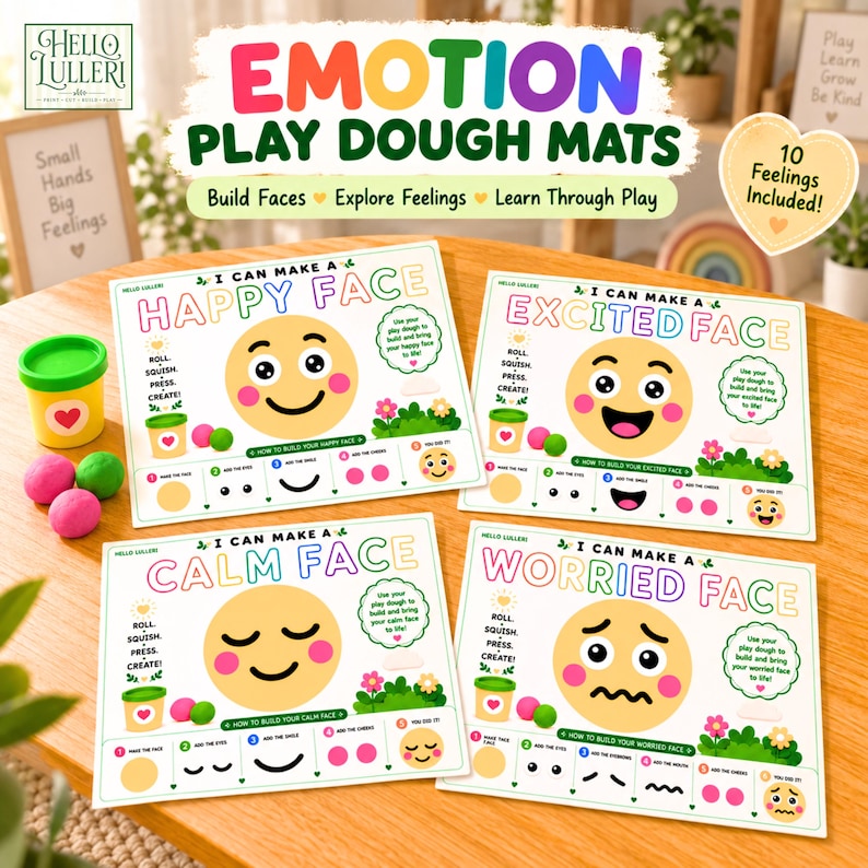 K&ouml;nnte beinhalten: Vier rechteckige Knetmatten mit der Aufschrift Emotion Play Dough Mats, die gl&uuml;ckliche, aufgeregte, ruhige und besorgte Gesichter zeigen. Jede Matte enth&auml;lt Anweisungen zum Rollen, Dr&uuml;cken und Formen mit nummerierten Schritten f&uuml;r die Gesichtsz&uuml;ge.