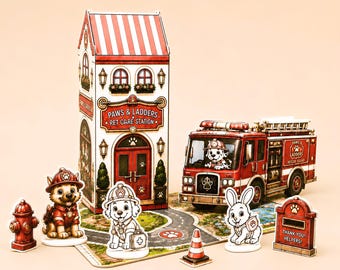 Set de juego imprimible Estación de rescate de mascotas, Aldea de animales para juegos de simulación, Manualidad preescolar sin pantallas, Juguete de papel para recortar y doblar