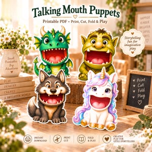 May include: A set of four printable Talking Mouth Puppets featuring a green dragon, a yellow monster, a grey wolf, and a white unicorn with a colourful mane. The paper craft set includes instructions to print, cut, fold, and play for storytelling.
