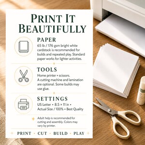 K&ouml;nnte beinhalten: Eine Anleitungskarte mit dem Titel PRINT IT BEAUTIFULLY mit Abschnitten f&uuml;r PAPER, TOOLS und SETTINGS. Sie empfiehlt 176 g/m&sup2; wei&szlig;es Kartenpapier, einen Drucker und eine Schere. Ein Stapel wei&szlig;es Papier und eine Schere sind daneben zu sehen.