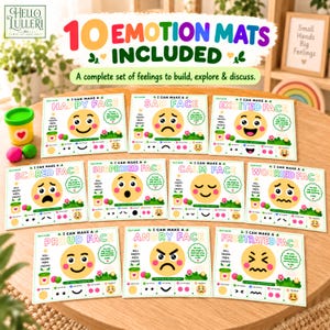 K&ouml;nnte beinhalten: Ein Set aus zehn rechteckigen Emotionsmatten mit farbenfrohen Illustrationen von Gesichtern, die Freude, Trauer, Aufregung, Angst, &Uuml;berraschung, Ruhe, Sorge, Stolz, Wut und Frustration darstellen, inklusive Anleitungen f&uuml;r Knete-Aktivit&auml;ten.