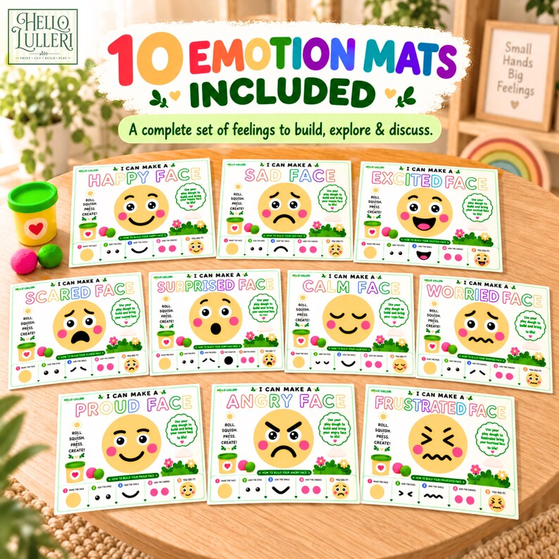 K&ouml;nnte beinhalten: Ein Set aus zehn rechteckigen Emotionsmatten mit farbenfrohen Illustrationen von Gesichtern, die Freude, Trauer, Aufregung, Angst, &Uuml;berraschung, Ruhe, Sorge, Stolz, Wut und Frustration darstellen, inklusive Anleitungen f&uuml;r Knete-Aktivit&auml;ten.