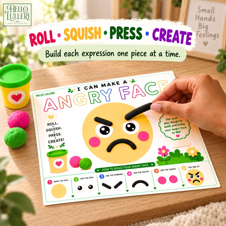 K&ouml;nnte beinhalten: Eine wei&szlig;e Aktivit&auml;tsmatte mit der Aufschrift I CAN MAKE AN ANGRY FACE, buntem Text und Illustrationen. Sie zeigt einen gelben Kreis als Gesicht, Augenbrauen, Augen und einen Mund aus schwarzer Knete sowie rosa Knet-Wangen.