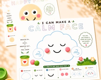 Tapetes de plastilina con motivos de emociones, actividad para niños pequeños sobre las emociones, imprimible para calmarse y desarrollar la motricidad fina y sensorial en preescolar.