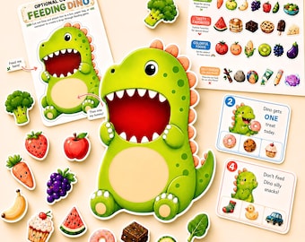 Juego imprimible "Alimenta al dinosaurio" para niños pequeños/preescolares: actividad de motricidad fina, bolsa de actividades para momentos tranquilos, juego de dinosaurios sin pantallas.