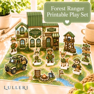 May include: A Forest Ranger printable play set featuring a paper-crafted ranger station, a green off-road vehicle, a lookout tower, a signpost, and various animal figures including a fox, rabbit, bear, deer, and owl in ranger uniforms.