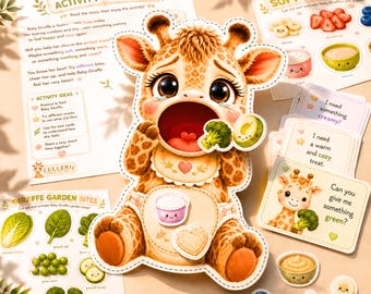 Juego imprimible de alimentación de jirafa para niños pequeños, juego de simulación preescolar, tarjetas de actividades para combinar colores, juego tranquilo sin pantallas