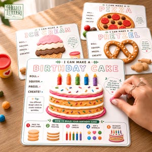 Könnte beinhalten: Ein Set aus vier pädagogischen Knet-Aktivitätsmatten mit farbenfrohen Illustrationen und Anleitungen zum Formen von Pizza, Eiscreme, Brezel und Geburtstagskuchen, inklusive Textanweisungen wie Roll, Squish, Press, Create.