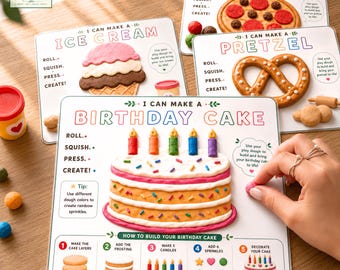 May include: A set of four educational play dough activity mats featuring colorful illustrations and instructions for creating a pizza, ice cream, pretzel, and birthday cake. Each mat includes text prompts like Roll, Squish, Press, Create.