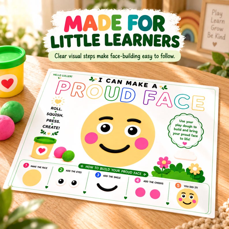 K&ouml;nnte beinhalten: Eine rechteckige p&auml;dagogische Spielmatte mit dem Text "I CAN MAKE A PROUD FACE" und "MADE FOR LITTLE LEARNERS". Die Matte zeigt ein gro&szlig;es gelbes Smiley-Gesicht, eine Schritt-f&uuml;r-Schritt-Anleitung zum Gestalten eines Gesichts mit Knete sowie bunte Illustrationen von Blumen und Herzen.