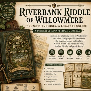 Puede incluir: Un diario imprimible de escape room, "Riverbank Riddle of Willowmere." La portada verde con detalles dorados presenta una ilustración de un castillo. Incluye 7 rompecabezas, un mapa y pistas. Diseñado para 1-6 jugadores, a partir de 10 años, y dura 60-90 minutos.
