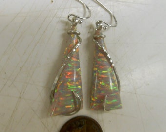 White Fire Opal Silver Wrapped Earrings