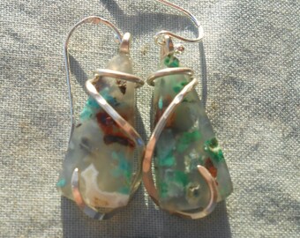 Chrysocolla Copper Quartz Silver Wrapped Earrings-RARE