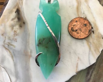 Chrysoprase Arrowhead Silver Wrapped Pendant