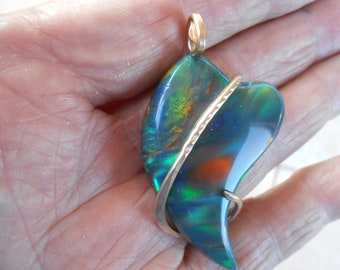 Aurora Opal Heart Gold Wrap Pendant--BEAUTIFUL