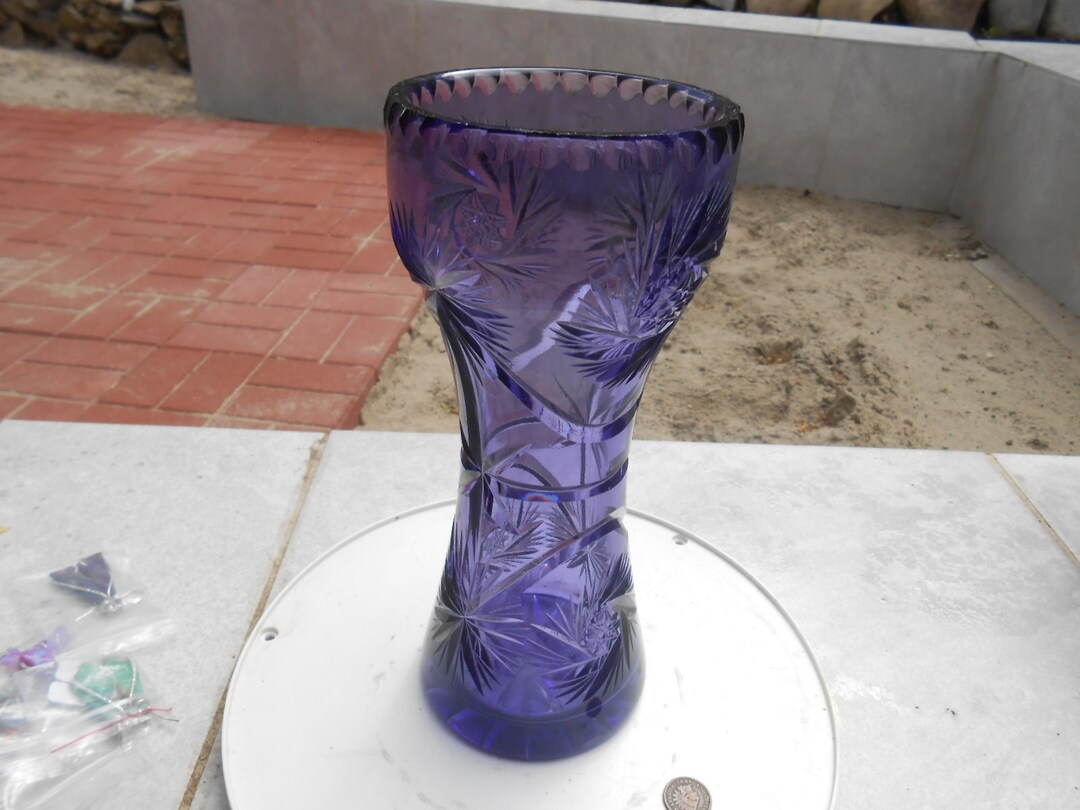 Dark Purple Cut Glass Vaseawesome Etsy