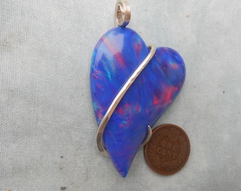 Blu Aurora Opal Heart Silver Wrap Pendant--BEAUTIFUL