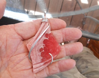 Gem Rhodochrosite Silver Wrapped Pendant