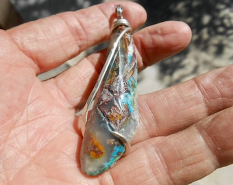 Chrysocolla Copper Agate Silver Wrapped Pendant-RARE